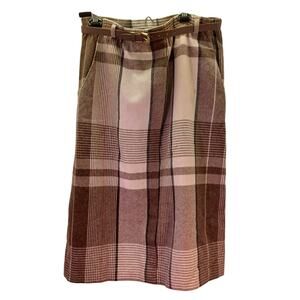 Vintage JBJ Tartan Plaid Wool Blend Skirt Size 12 Brown Cream Midi 80s 90s